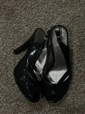 Madeline Stuart Black Patent Peep-Toe Slingback Heels